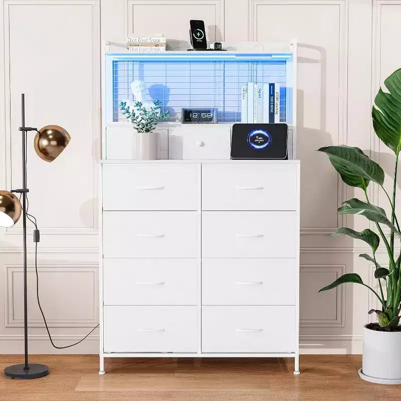 Commode à 11 tiroirs en tissu avec éclairage LED et station de recharge – Style industriel