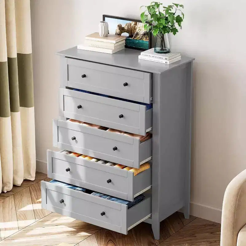 Commode haute en bois à 5 tiroirs avec poignées métalliques – 39,9 cm P x 80 cm L x 108 cm H