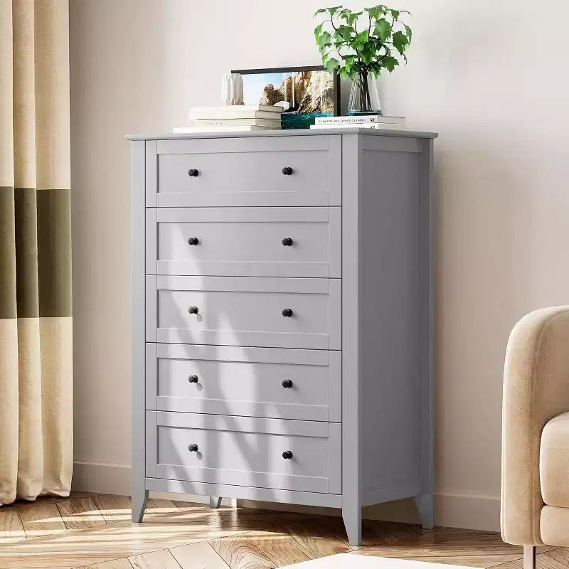 Commode haute en bois à 5 tiroirs avec poignées métalliques – 39,9 cm P x 80 cm L x 108 cm H