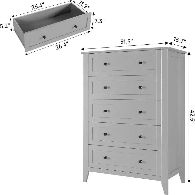 Commode haute en bois à 5 tiroirs avec poignées métalliques – 39,9 cm P x 80 cm L x 108 cm H