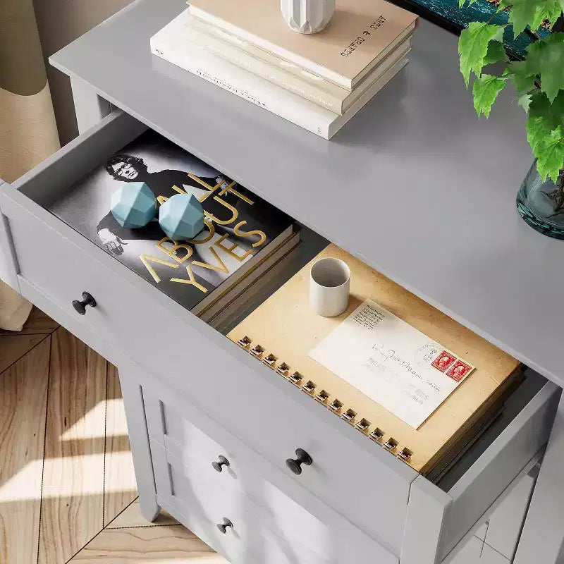 Commode haute en bois à 5 tiroirs avec poignées métalliques – 39,9 cm P x 80 cm L x 108 cm H