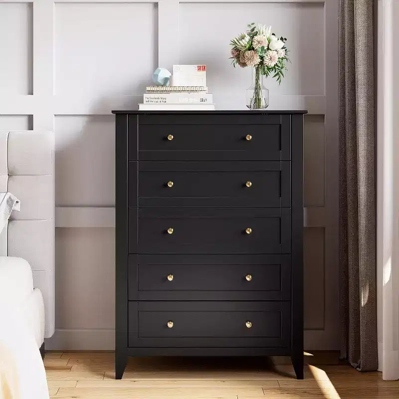 Commode haute en bois à 5 tiroirs avec poignées métalliques – 39,9 cm P x 80 cm L x 108 cm H