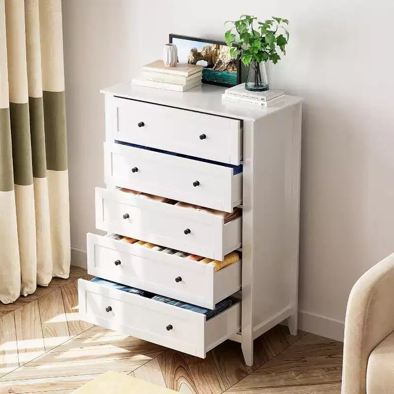 Commode haute en bois à 5 tiroirs avec poignées métalliques – 39,9 cm P x 80 cm L x 108 cm H