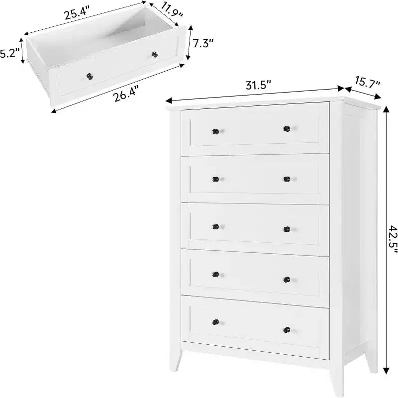 Commode haute en bois à 5 tiroirs avec poignées métalliques – 39,9 cm P x 80 cm L x 108 cm H