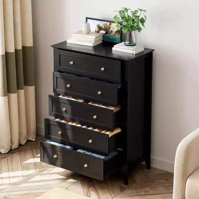 Commode haute en bois à 5 tiroirs avec poignées métalliques – 39,9 cm P x 80 cm L x 108 cm H