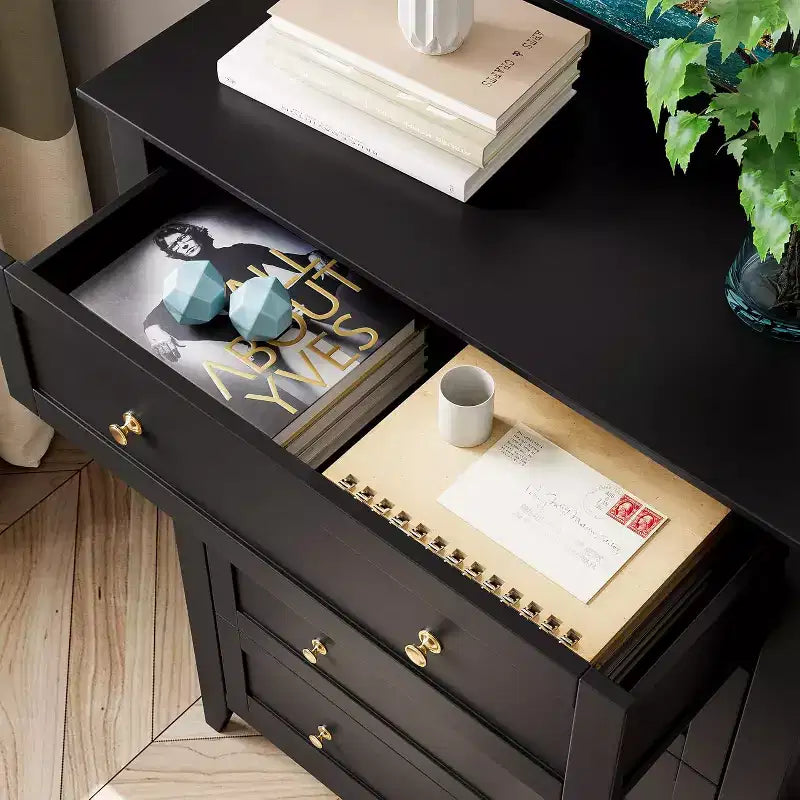 Commode haute en bois à 5 tiroirs avec poignées métalliques – 39,9 cm P x 80 cm L x 108 cm H