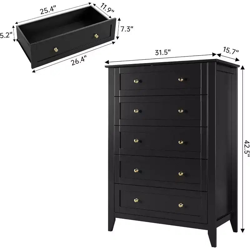 Commode haute en bois à 5 tiroirs avec poignées métalliques – 39,9 cm P x 80 cm L x 108 cm H