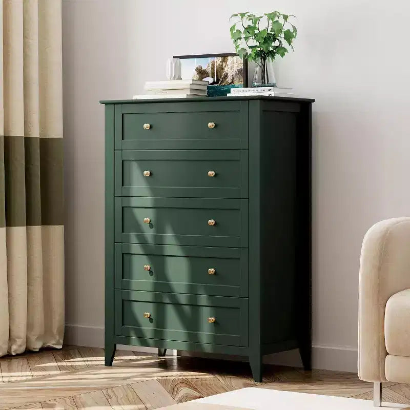 Commode haute en bois à 5 tiroirs avec poignées métalliques – 39,9 cm P x 80 cm L x 108 cm H