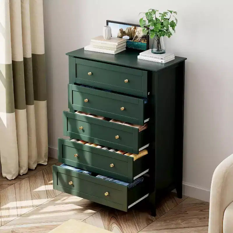 Commode haute en bois à 5 tiroirs avec poignées métalliques – 39,9 cm P x 80 cm L x 108 cm H