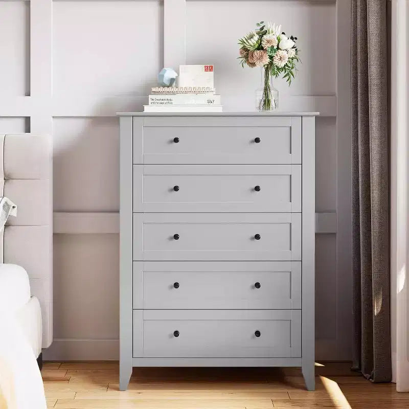Commode haute en bois à 5 tiroirs avec poignées métalliques – 39,9 cm P x 80 cm L x 108 cm H