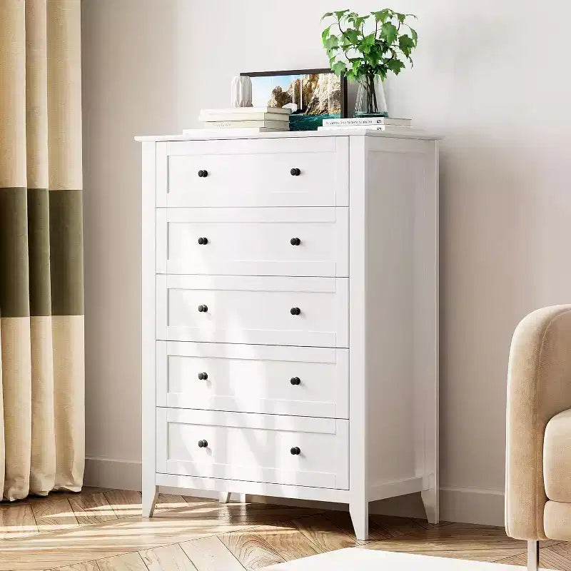 Commode haute en bois à 5 tiroirs avec poignées métalliques – 39,9 cm P x 80 cm L x 108 cm H