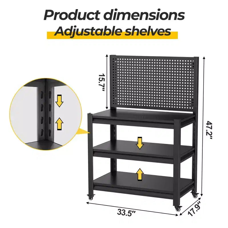 Établi roulant avec panneau perforé, capacité de 453 kg – 119 cm (H) x 84 cm (l) x 46 cm (P), 3 tablettes