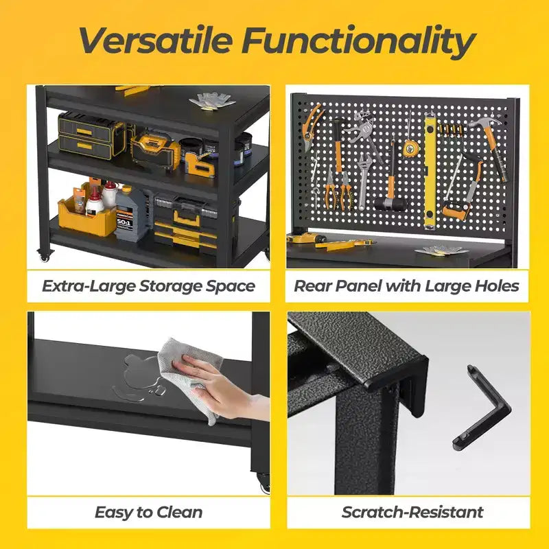 Établi roulant avec panneau perforé, capacité de 453 kg – 119 cm (H) x 84 cm (l) x 46 cm (P), 3 tablettes