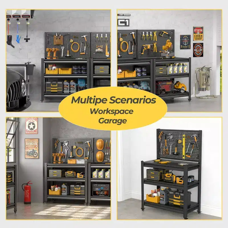 Établi roulant avec panneau perforé, capacité de 453 kg – 119 cm (H) x 84 cm (l) x 46 cm (P), 3 tablettes
