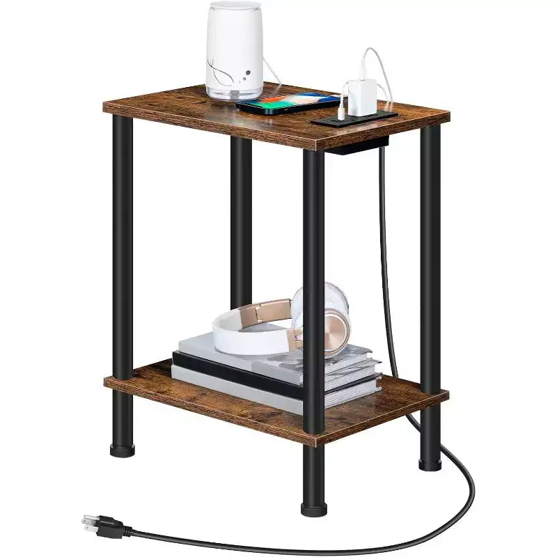 Table d'appoint avec station de recharge, 2 étagères ouvertes – 55 cm (H) x 38 cm (l) x 28 cm (P)