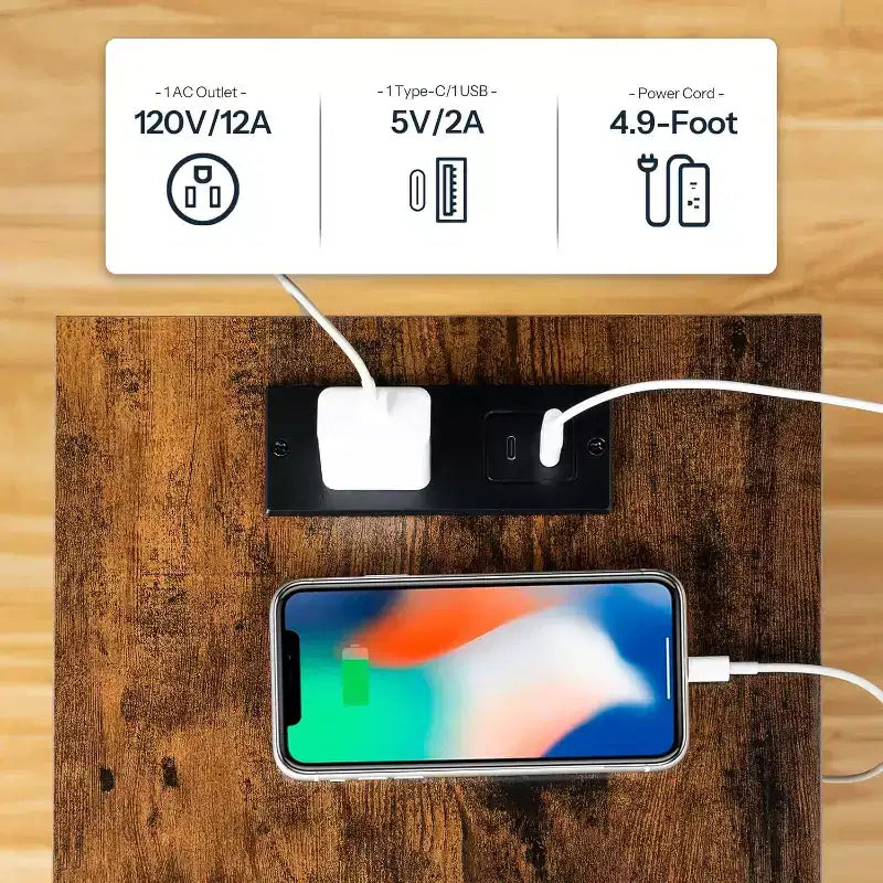 Table d'appoint avec station de recharge, 2 étagères ouvertes – 55 cm (H) x 38 cm (l) x 28 cm (P)