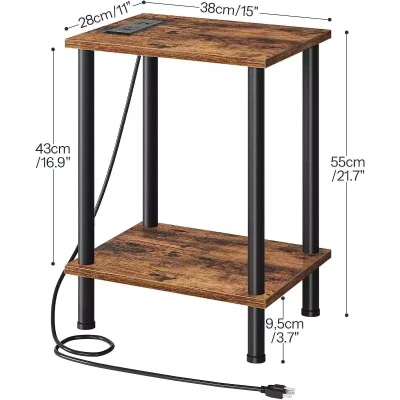 Table d'appoint avec station de recharge, 2 étagères ouvertes – 55 cm (H) x 38 cm (l) x 28 cm (P)