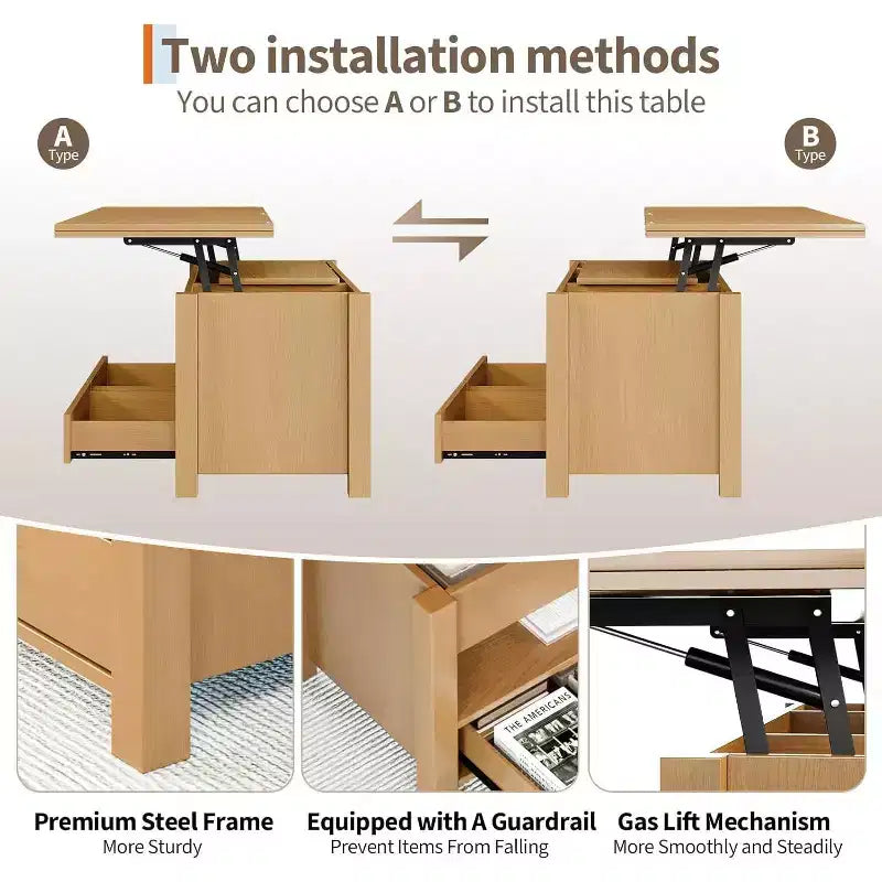 Table basse relevable avec rangement – 64,8 cm (H) x 100,1 cm (l) x 50 cm (P), bois composite