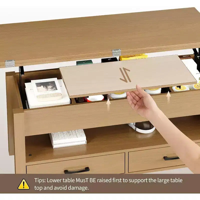 Table basse relevable avec rangement – 64,8 cm (H) x 100,1 cm (l) x 50 cm (P), bois composite