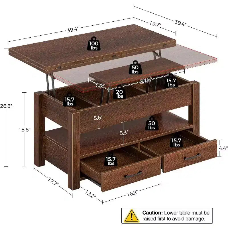 Table basse relevable avec rangement – 64,8 cm (H) x 100,1 cm (l) x 50 cm (P), bois composite