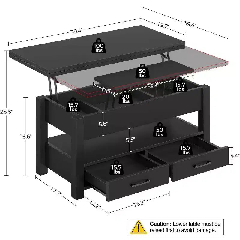Table basse relevable avec rangement – 64,8 cm (H) x 100,1 cm (l) x 50 cm (P), bois composite