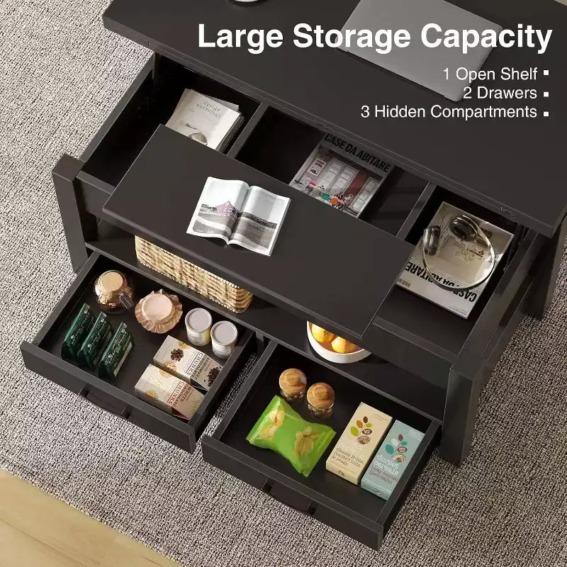 Table basse relevable avec rangement – 64,8 cm (H) x 100,1 cm (l) x 50 cm (P), bois composite