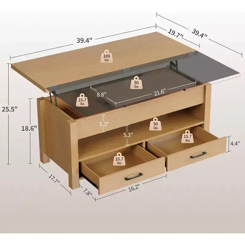 Table basse relevable avec rangement – 64,8 cm (H) x 100,1 cm (l) x 50 cm (P), bois composite