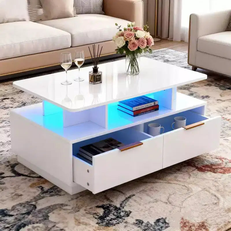 Table basse rectangulaire avec éclairage LED, 4 tiroirs et étagère ouverte – Blanc, MDF