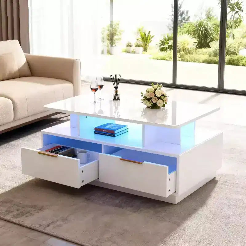 Table basse rectangulaire avec éclairage LED, 4 tiroirs et étagère ouverte – Blanc, MDF