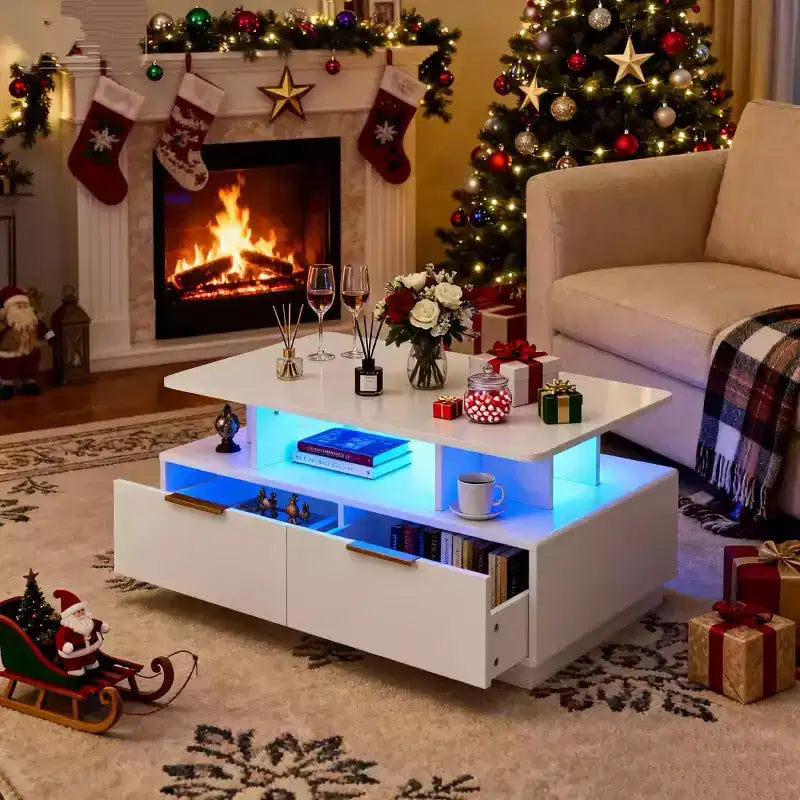 Table basse rectangulaire avec éclairage LED, 4 tiroirs et étagère ouverte – Blanc, MDF