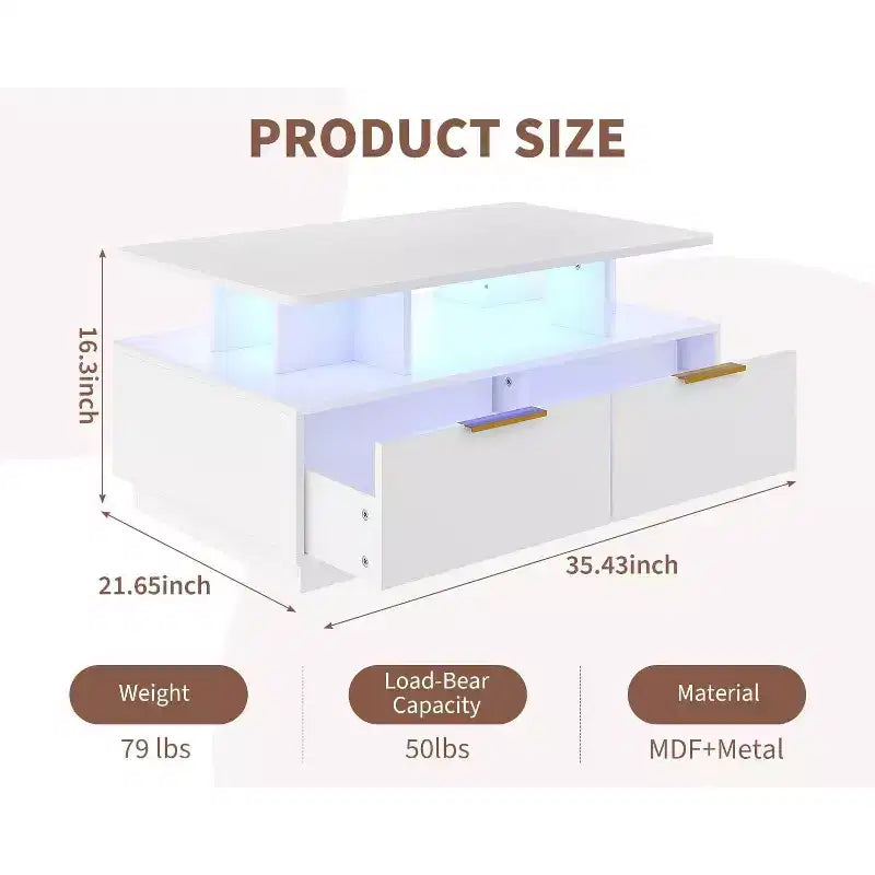 Table basse rectangulaire avec éclairage LED, 4 tiroirs et étagère ouverte – Blanc, MDF