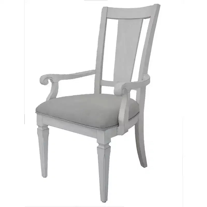 Fauteuil de salle à manger en lin avec dossier à lattes – 107 cm H x 61 cm l x 56 cm P, cadre blanc vieilli