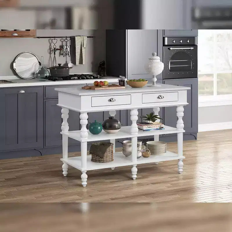Îlot de cuisine avec plateau en marbre et finition blanche – 89 cm H x 61 cm l x 122 cm P, 2 étagères
