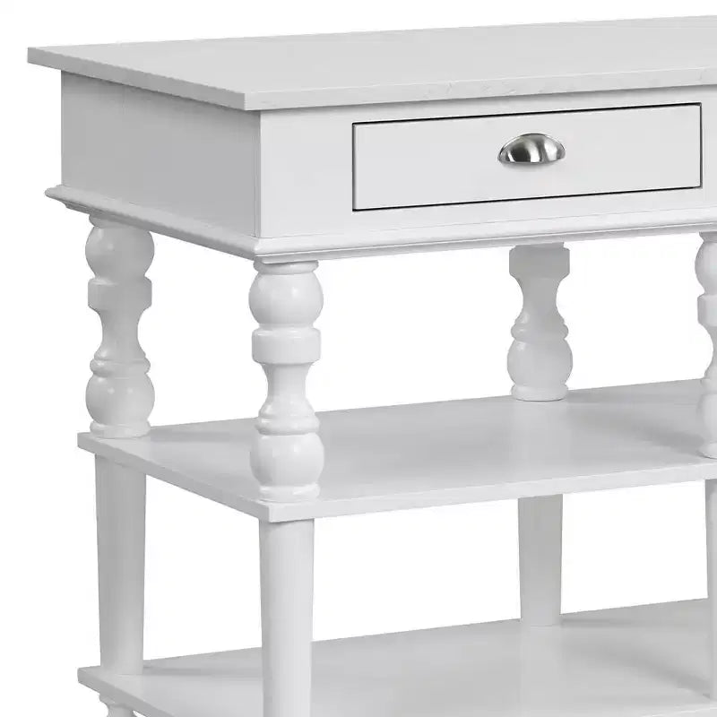 Îlot de cuisine avec plateau en marbre et finition blanche – 89 cm H x 61 cm l x 122 cm P, 2 étagères