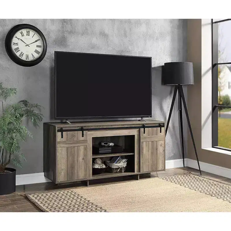 Meuble TV de 60" pour téléviseurs jusqu'à 60", finition bois grisé – 29"H x 60"L x 16"P