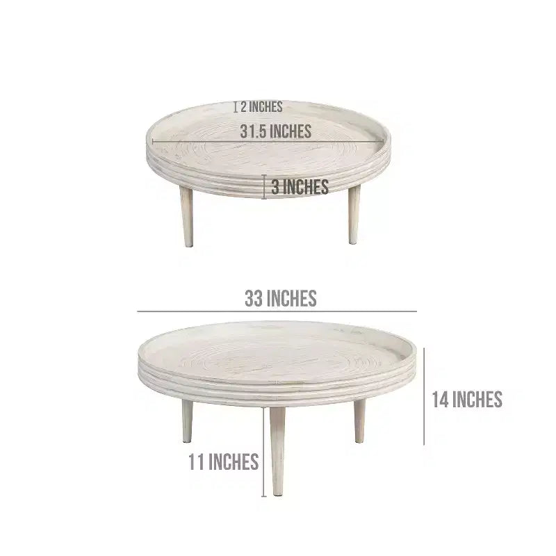 Table basse ronde 33" en bois de manguier massif, bord cannelé – 35,5 cm H x 83,8 cm Diamètre, blanc vieilli