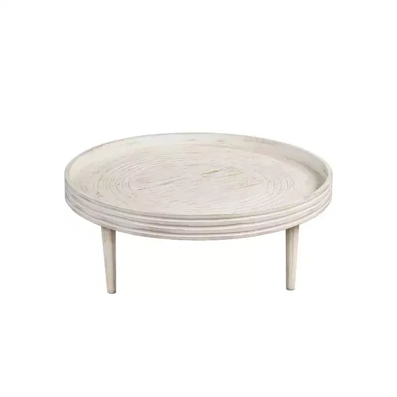 Table basse ronde 33" en bois de manguier massif, bord cannelé – 35,5 cm H x 83,8 cm Diamètre, blanc vieilli
