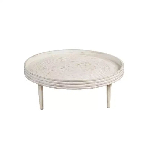 Table basse ronde 33" en bois de manguier massif, bord cannelé – 35,5 cm H x 83,8 cm Diamètre, blanc vieilli