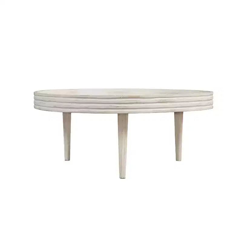 Table basse ronde 33" en bois de manguier massif, bord cannelé – 35,5 cm H x 83,8 cm Diamètre, blanc vieilli