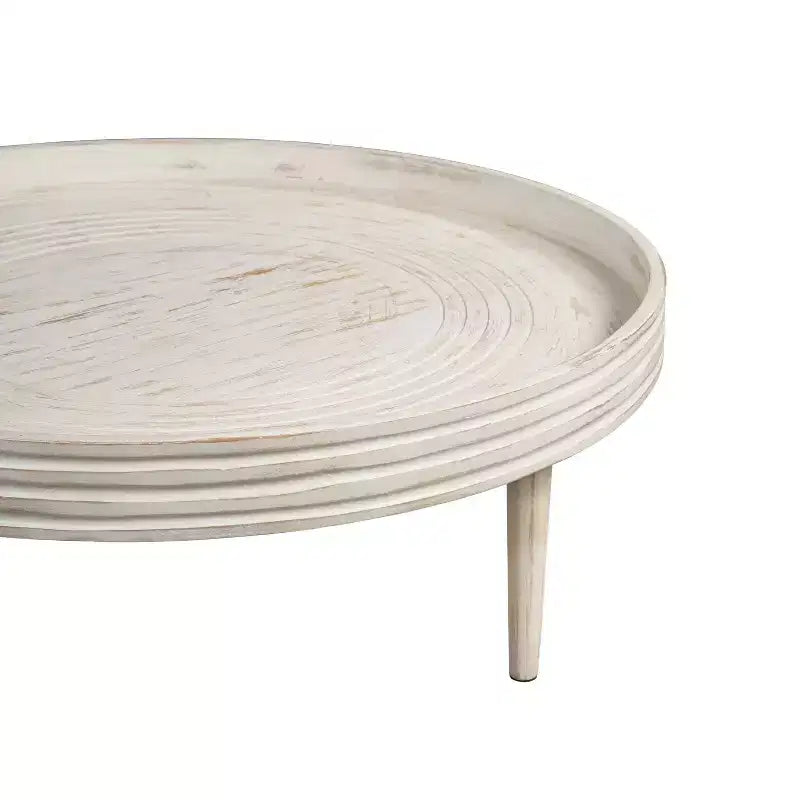 Table basse ronde 33" en bois de manguier massif, bord cannelé – 35,5 cm H x 83,8 cm Diamètre, blanc vieilli