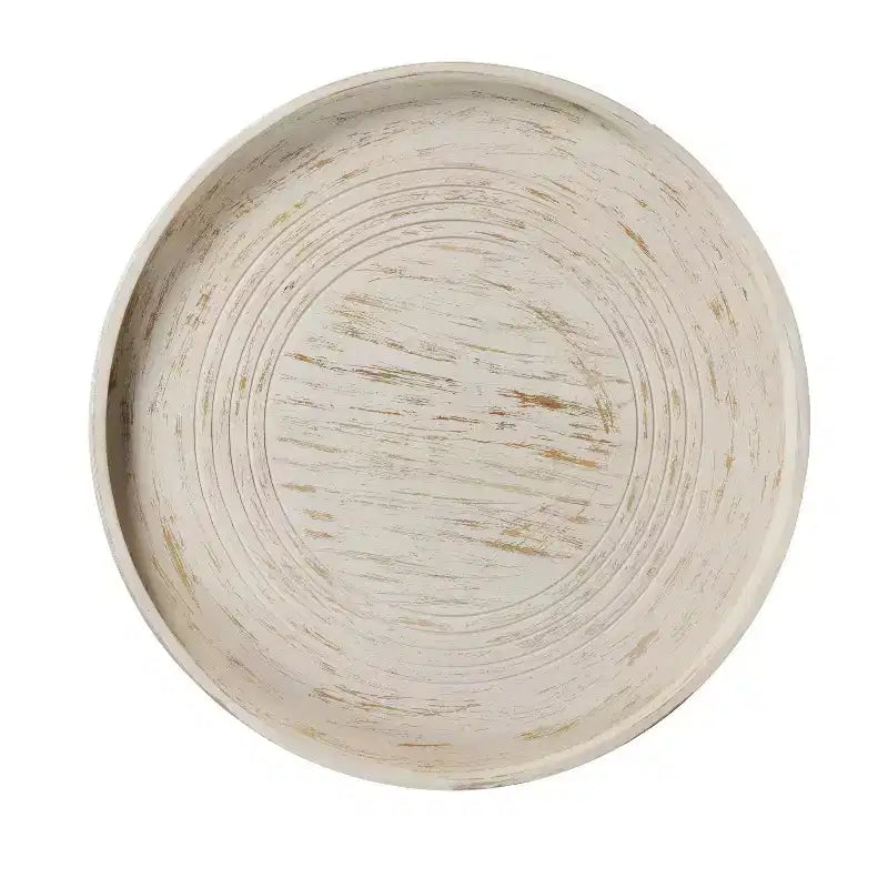 Table basse ronde 33" en bois de manguier massif, bord cannelé – 35,5 cm H x 83,8 cm Diamètre, blanc vieilli