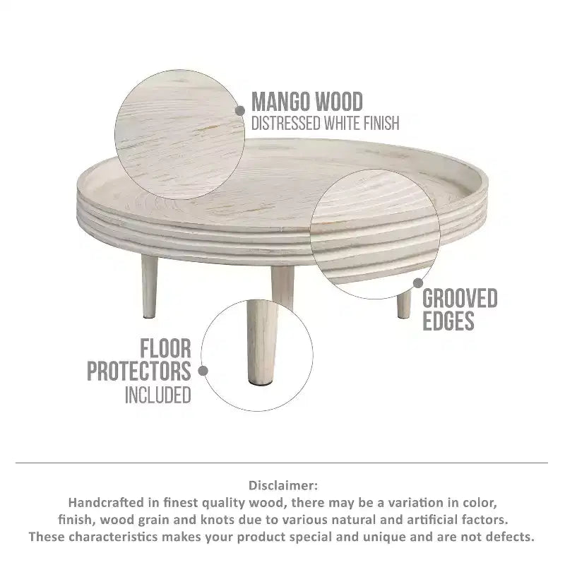 Table basse ronde 33" en bois de manguier massif, bord cannelé – 35,5 cm H x 83,8 cm Diamètre, blanc vieilli