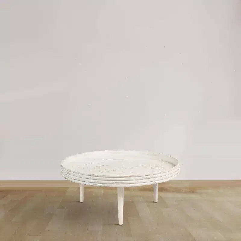 Table basse ronde 33" en bois de manguier massif, bord cannelé – 35,5 cm H x 83,8 cm Diamètre, blanc vieilli