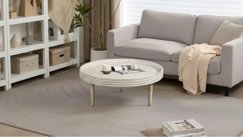 Table basse ronde 33" en bois de manguier massif, bord cannelé – 35,5 cm H x 83,8 cm Diamètre, blanc vieilli