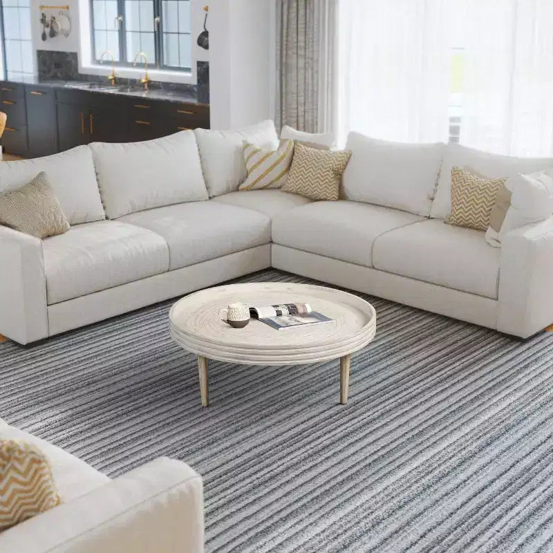 Table basse ronde 33" en bois de manguier massif, bord cannelé – 35,5 cm H x 83,8 cm Diamètre, blanc vieilli