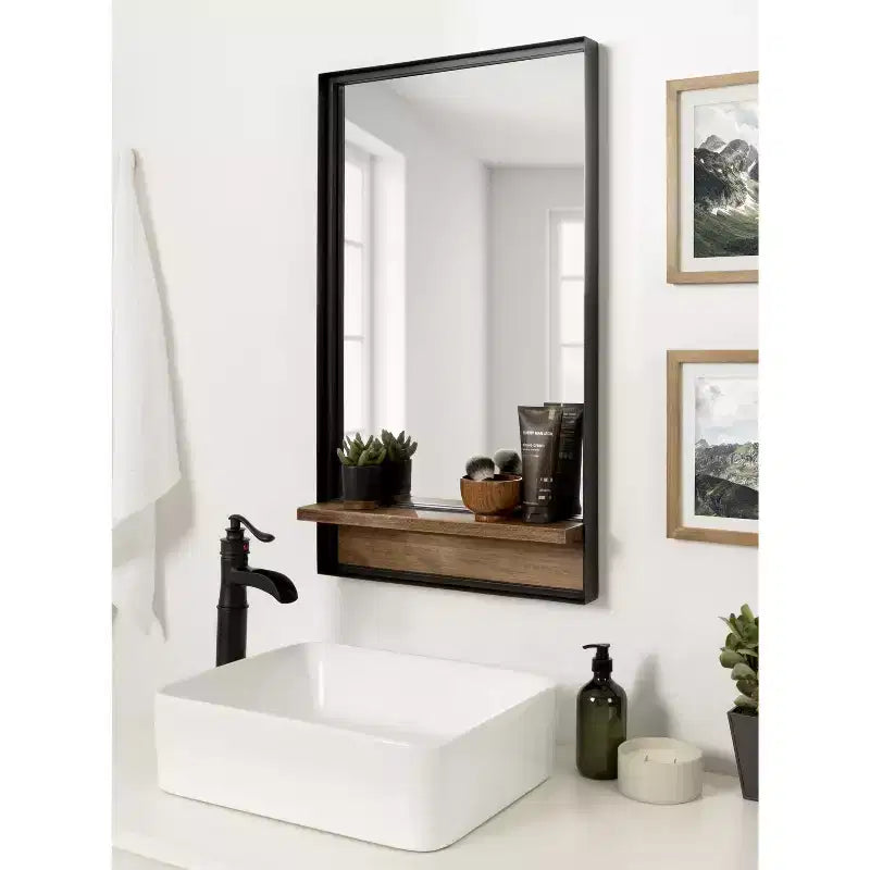 Miroir mural rectangulaire avec étagère – 50,8 cm L x 86,4 cm H, cadre en bois marron rustique