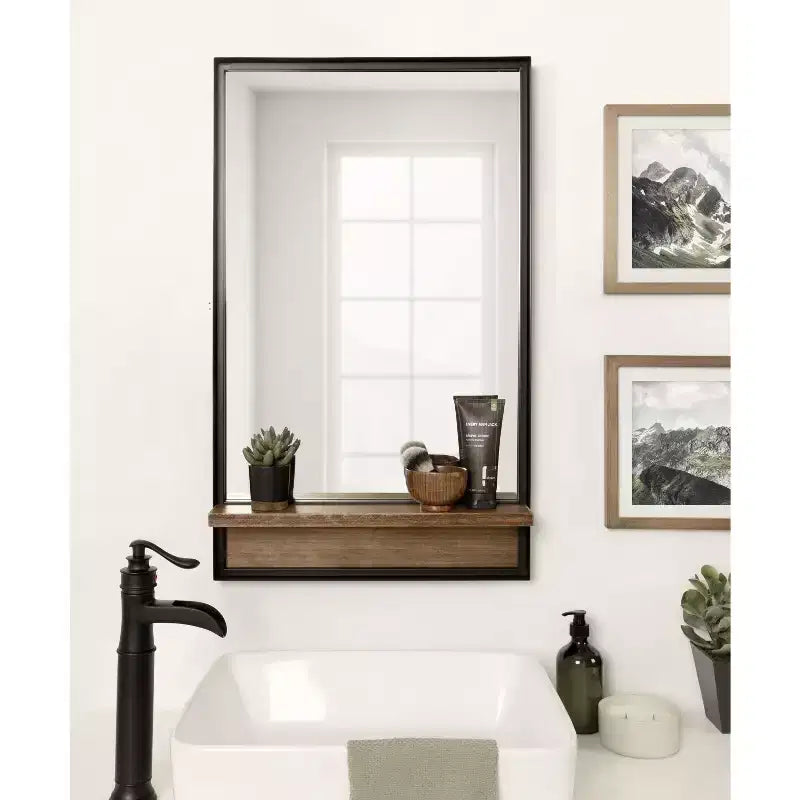 Miroir mural rectangulaire avec étagère – 50,8 cm L x 86,4 cm H, cadre en bois marron rustique