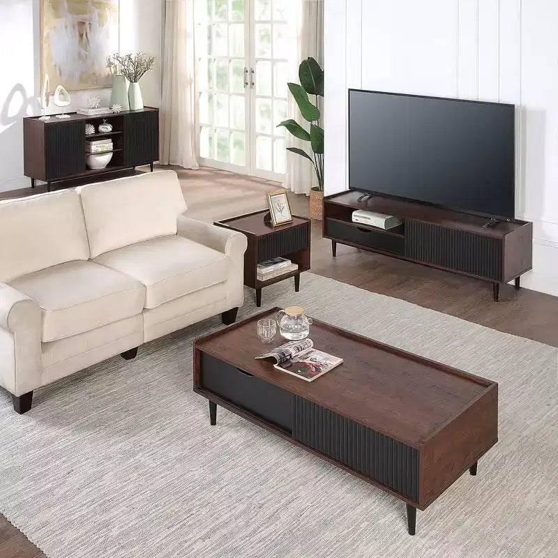 Table basse nervurée avec tiroir et étagère ouverte – Bois