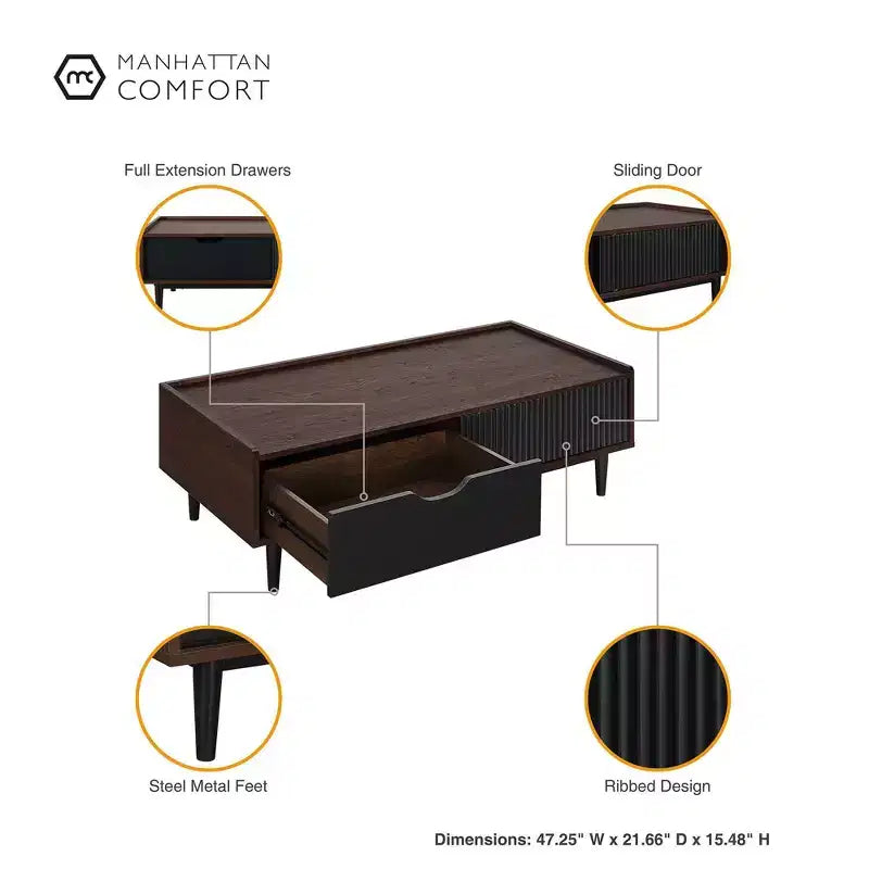 Table basse nervurée avec tiroir et étagère ouverte – Bois
