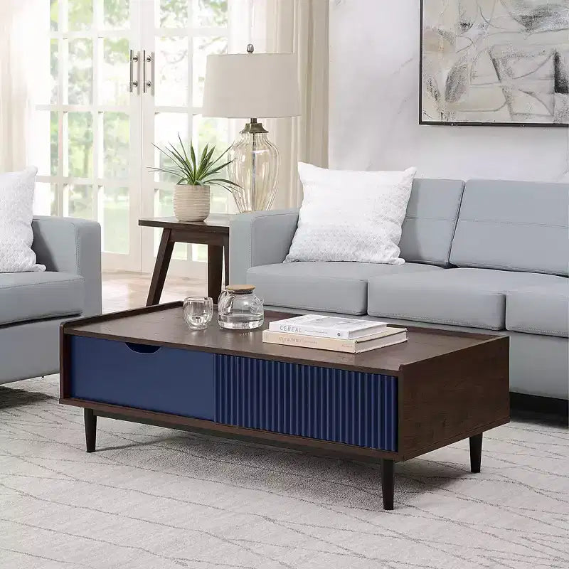 Table basse nervurée avec tiroir et étagère ouverte – Bois